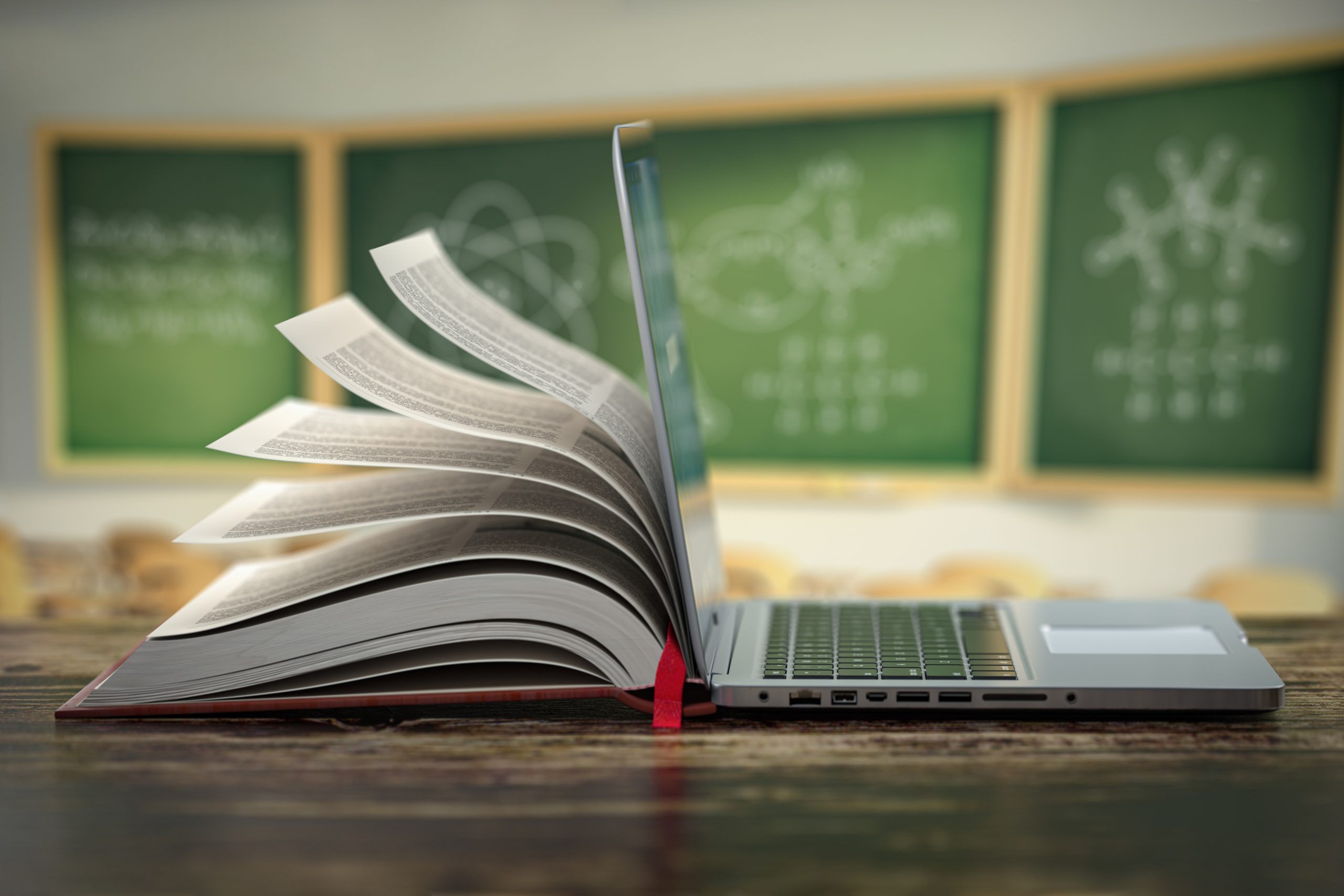 E-learning online education or internet encyclopedia concept. Open laptop and book compilation in a classroom. E-learning online education or internet encyclopedia concept. Open laptop and book compilation in a classroom. 3d illustration